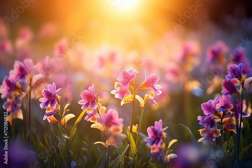 Colorful orchid flowers blooming in a wild flower field with sunlight. Generative AI