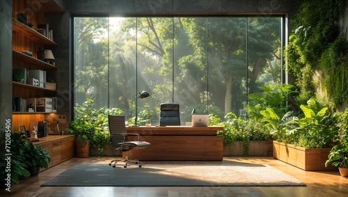 eco-friendly modern glass office interior, beautiful office with green environment and trees