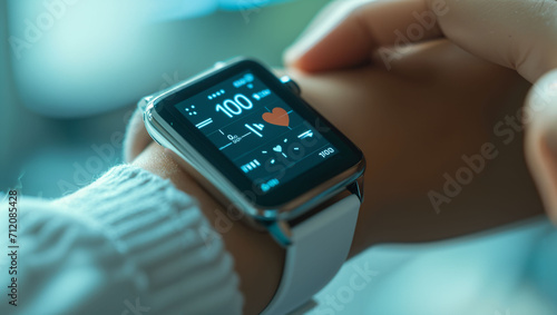 Man in white shirt and smartwatch with heart rate monitor, smart device concept photo