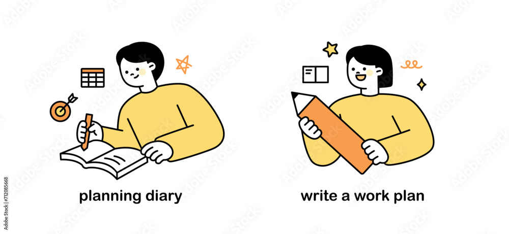 People are holding large pencils and writing plans in diaries. outline simple vector illustration.