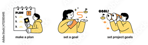 People who make plans, set goals and find goals according to importance. outline simple vector illustration.