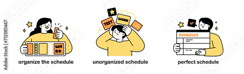 There are those who organize their schedules systematically, those who are disorganized, and those who tabulate them perfectly. outline simple vector illustration. photo