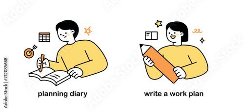 People are holding large pencils and writing plans in diaries. outline simple vector illustration.