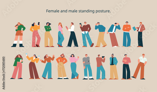 Many people are standing in various postures. Collection of men and women casual characters. flat vector illustration.