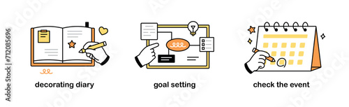 Hands making new plans, checking schedules on calendars, and drawing idea maps. outline simple vector illustration.