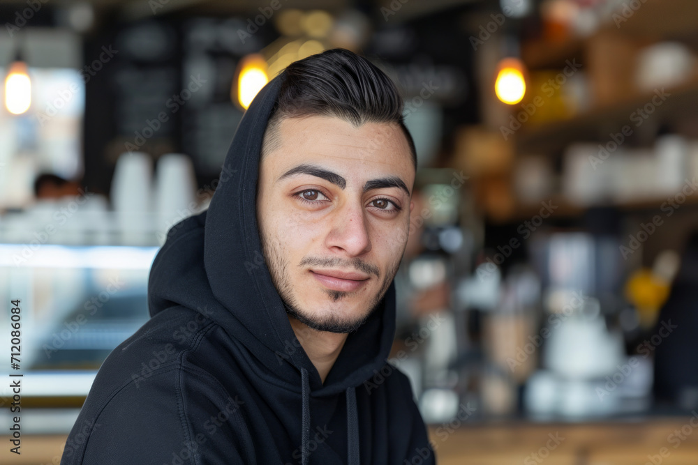 Portrait of young Persian man in a morning coffee shop wearing a black hoodie looking at the camera Portrait of young Persian man in a morning coffee shop wearing a black hoodie looking at the camera