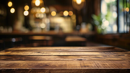 wood table on blur of cafe, coffee shop, bar, background - can used for display or montage your products