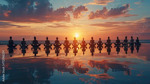 yoga retreat on the beach at sunset, silhouettes of group of people meditating photo
