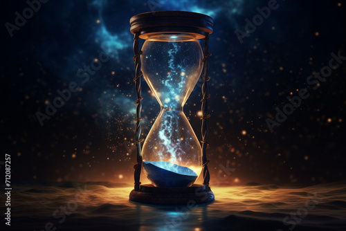 States of mind, culture and religion, life, art concept. Beautiful retro hourglass in surreal desert and night sky with stars background illustration. Fragile and short life metaphor © Rytis
