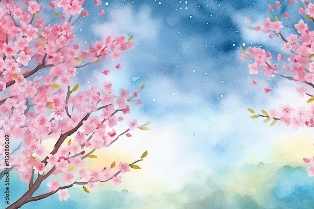 Spring background with blue sky and cherry blossoms in watercolor illustration. Generative AI