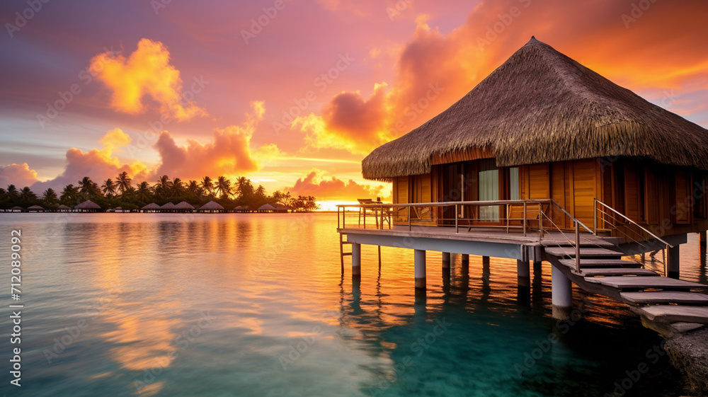 A luxury overwater bungalow in Bora Bora during a sunset A luxury overwater bungalow in Bora Bora during a sunset