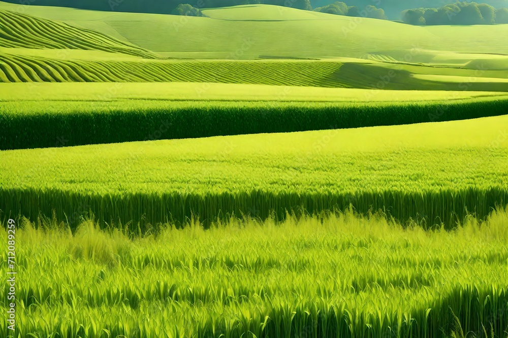 Obraz premium Picture a mesmerizing landscape—a field stretching as far as the eye can see, covered in lush, green wheat ears dancing beneath the flawless sunlight.