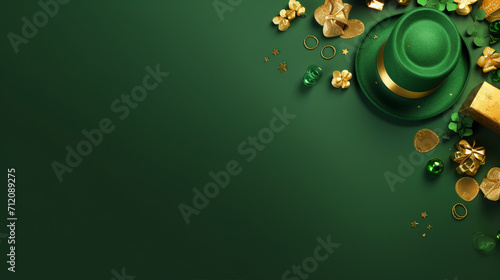 Celebrate Saint Patrick's Day with Whimsical Charm: Top View of Leprechaun Hat, Gold Coins, and Clovers on Green Background