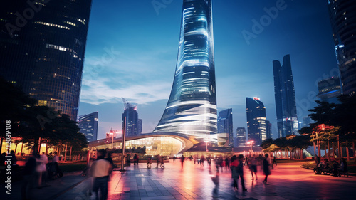 A modern high cylindrical office tower in Shanghai lit up photo