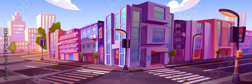 City street corner on summer day. Vector cartoon illustration of modern town district with zebra crossing, traffic lights and lanterns on road, apartment houses, motel sign on facade, green trees photo