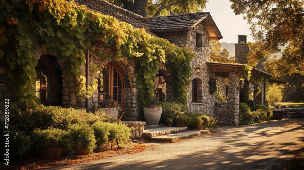 A rustic stone winery in Napa Valley during a sunny mindfulness