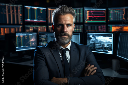 Male Stock Trader with Multiple Computer Screens and Charts