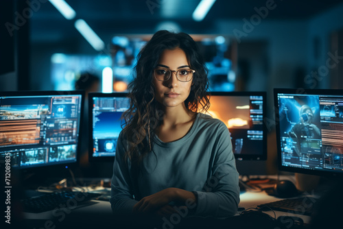 Young Female Web Developer with Multiple Screens
