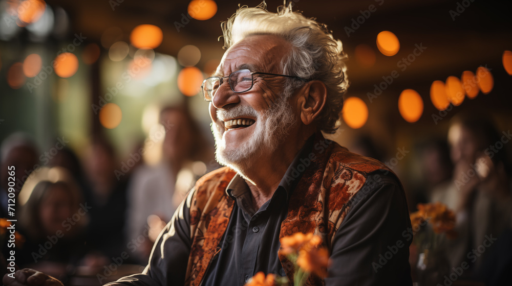 A senior man with white hair and glasses laughed heartily, surrounded by soft focus lights and a festive, joyful atmosphere.
