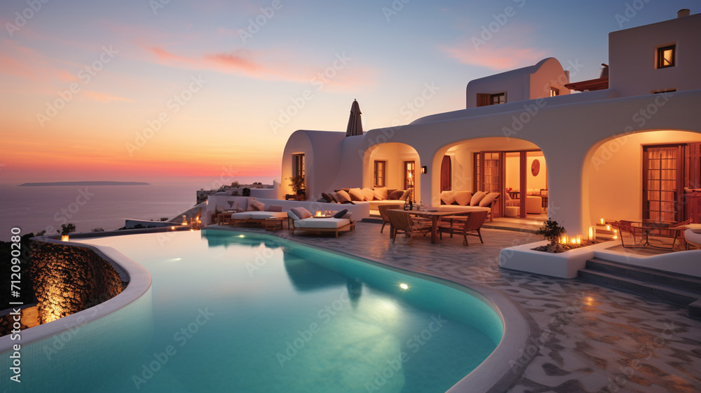 A traditional terracotta-roofed villa in Santorini house building