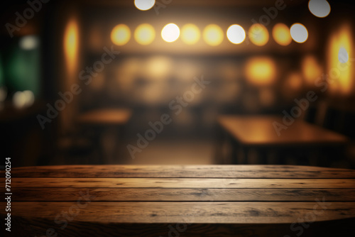 Wooden table blurred background of restaurant of cafe with bokeh. Flawless generative ai photo
