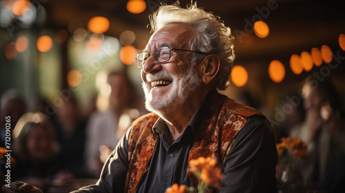 A senior man with white hair and glasses laughed heartily, surrounded by soft focus lights and a festive, joyful atmosphere.