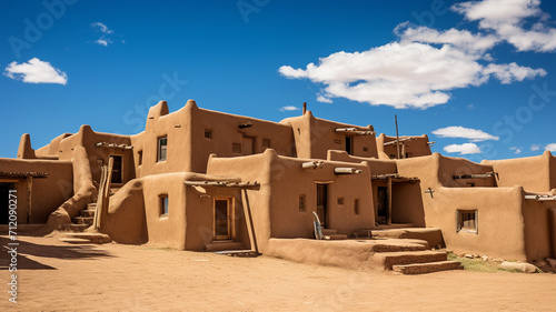 A traditional adobe pueblo in New Mexico under a clear sky photo