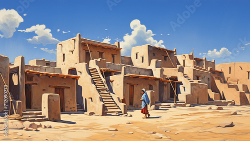 A traditional adobe pueblo in New Mexico under a clear clouds photo