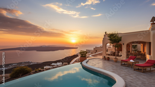 A traditional terracotta-roofed villa in Santorini rooftop photo