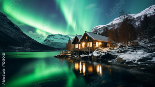 A traditional wooden lodge in the beautiful Norwegian fjords photo