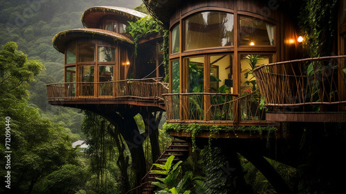 A whimsical treehouse hotel in Costa Rica amidst scenery photo