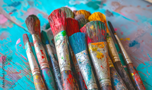 Lots of brushes in paint. Artistic brushes for painting lie on a pastel pink and blue board. Artist's tools.