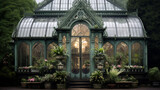 An elegant Victorian greenhouse in London on a rainy farming