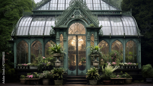 An elegant Victorian greenhouse in London on a rainy farming