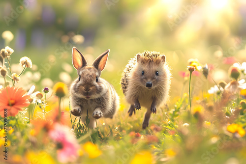 Rabbit and hedgehog in a flower meadow, bright sunlight photo