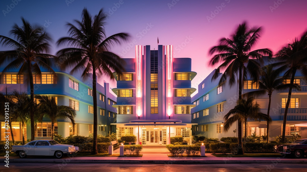Miami Beach Art Deco Hotel This vibrant hotel showcase vacation - obrazy, fototapety, plakaty 