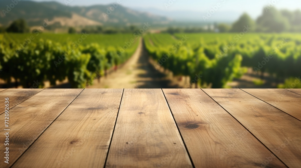 The empty wooden table top with blur background of vineyard. Exuberant image. generative AI