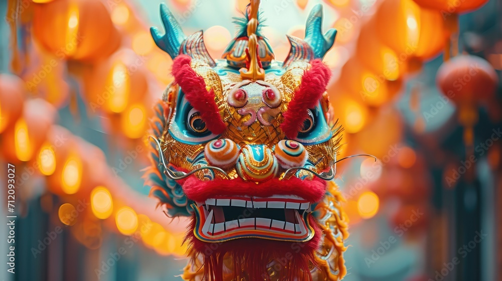 Festive Dragon Delight: Cute Dragon in Chinese New Year Celebration, Year of the Dragon, Lunar New Year Joy, Traditional Lion Dance, Festive Cultural Celebration