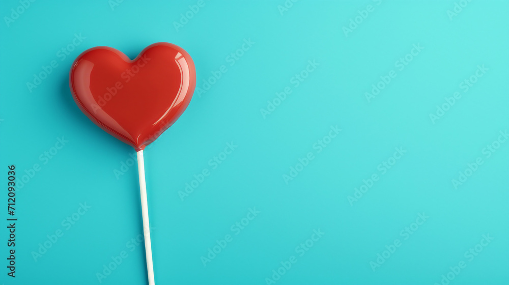 Captivating Valentine's Day Concept with Heart Shaped Lollipop on Turquoise Background, Inviting Love and Joy, Perfect for Romantic Celebrations and Sweet Gestures