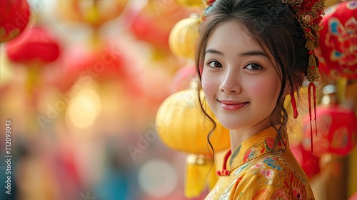 Lunar Elegance: Young Asian Woman Standing in Front of Circular Red Lanterns, China Lunar New Year Celebration, Festive Cultural Display 