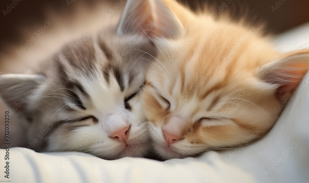 Two small domestic kittens sleeping together at home lying on bed white blanket. Cute adorable pets cats. Domestic animals. Sleep and cozy nap time. Home pet. Valentines day concept. 