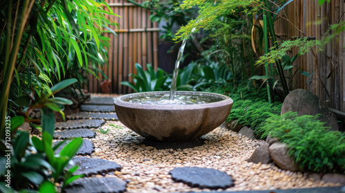 Close look at traditional Japanese style water fountain in the garden.