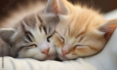 Two small domestic kittens sleeping together at home lying on bed white blanket. Cute adorable pets cats. Domestic animals. Sleep and cozy nap time. Home pet. Valentines day concept. 
