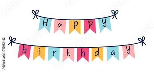 Happy birthday garland vector icon. Colorful triangular flags hanging on a string. Textile decoration for a party, anniversary. Surprise for a carnival, holiday. Flat cartoon clipart isolated on white