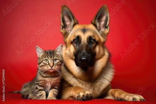 Close up portrait of a funny little dog and a cat looking at the camera on a red background.