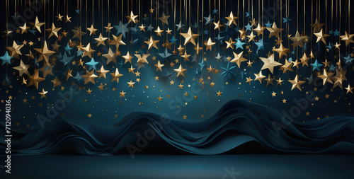 golden stars shine on dark background design photo