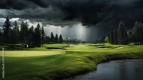 a rain delay on a green gold course on a stormy cloud photo