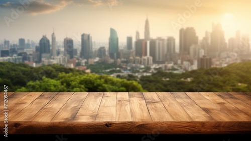 The empty wooden table top with blur background of nature skyline. Exuberant image. generative AI © Summit Art Creations