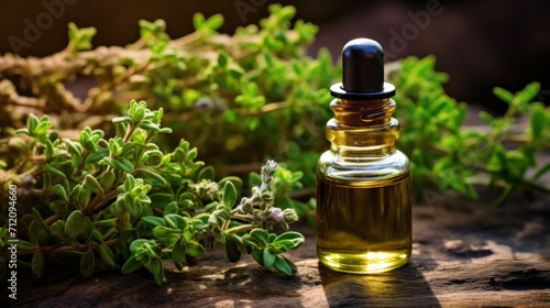 Bottle of thyme essential oil with fresh thyme twigs and other bottles in the background