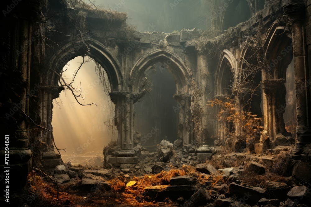 Naklejka premium Enigmatic misty ruins, holding ancient secrets and forgotten knowledge - Generative AI